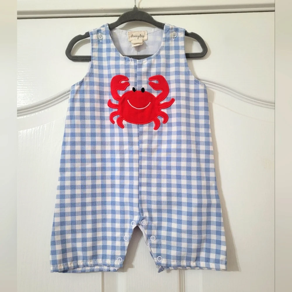 $ 💥3/$24 Honeydew Blue and White Gingham Romper With‎ Crab Detail